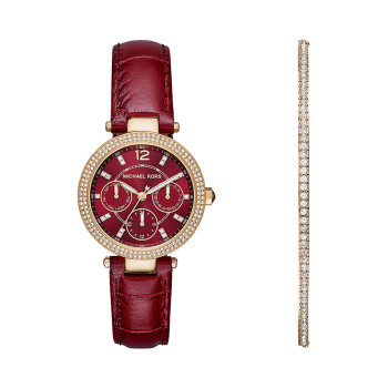 Montre à quartz en cuir et bracelet en argent Parker - Rouge et doré - 02 - 33892960