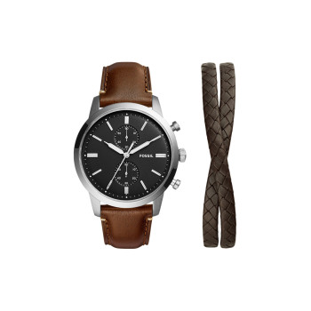 Coffret montre à quartz et bracelet en cuir - Chronographe - Marron et noir - 02 - 33892992