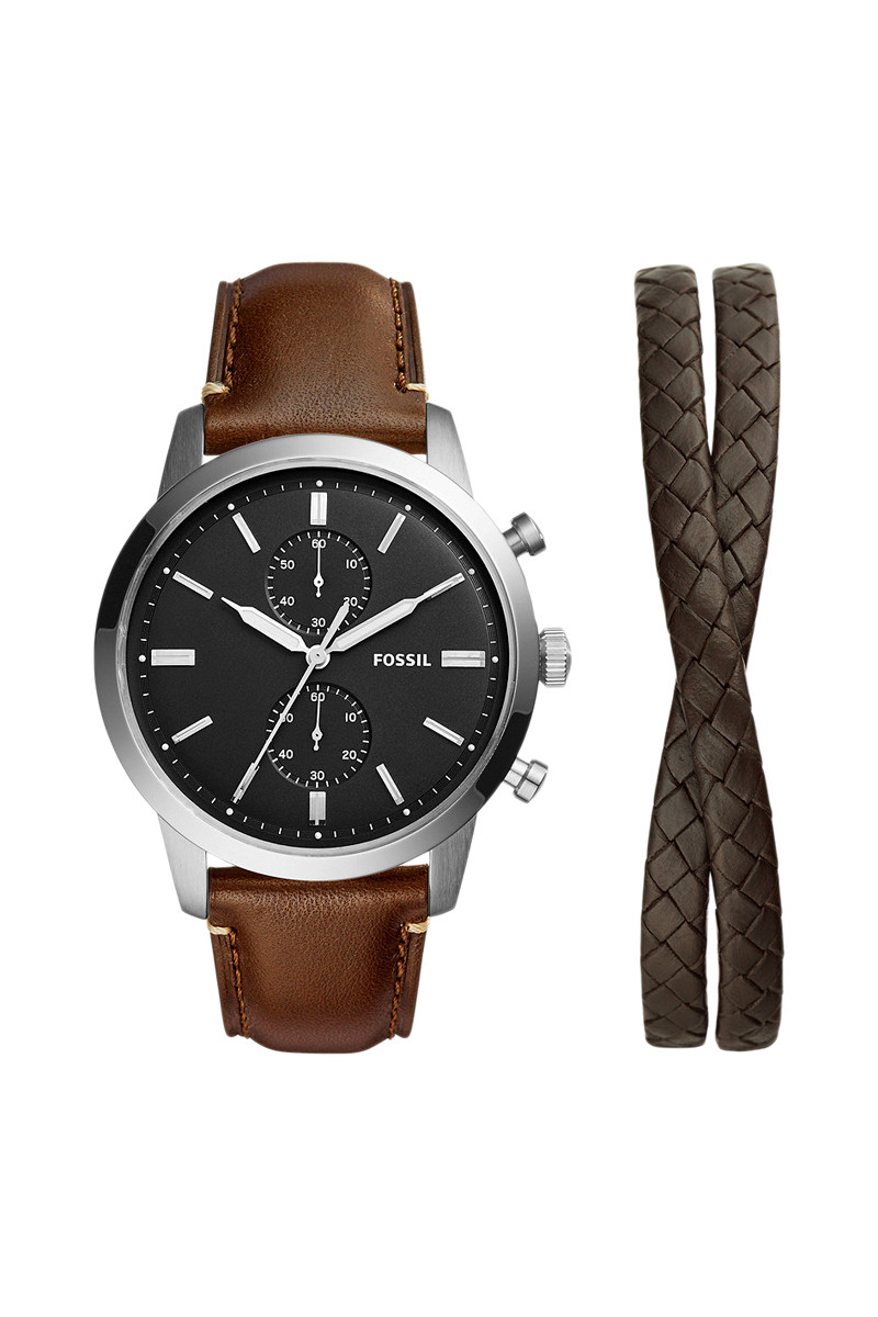 Coffret montre à quartz et bracelet en cuir - Chronographe - Marron et noir - 02 - 33892992