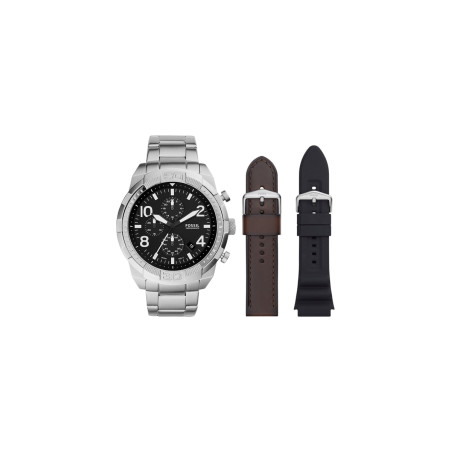 Coffret montre à quartz en acier et bracelets en cuir - Chronographe - Marron et noir - 02 - 33892993