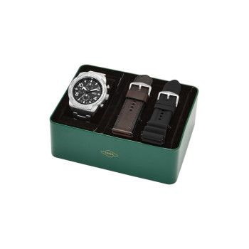 Coffret montre à quartz en acier et bracelets en cuir - Chronographe - Marron et noir - 02 - 33892993