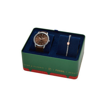 Coffret montre à quartz en cuir et Bracelet - Marron et argenté - 02 - 33892995