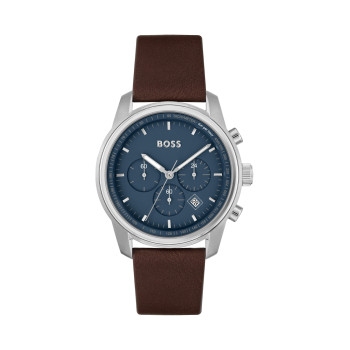 Montre à quartz en cuir - Tachymètre et chronographe - Marron et bleu - 02 - 34131424