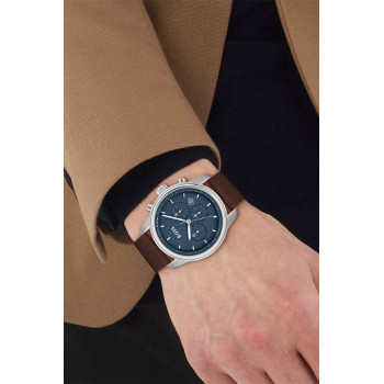 Montre à quartz en cuir - Tachymètre et chronographe - Marron et bleu - 02 - 34131424