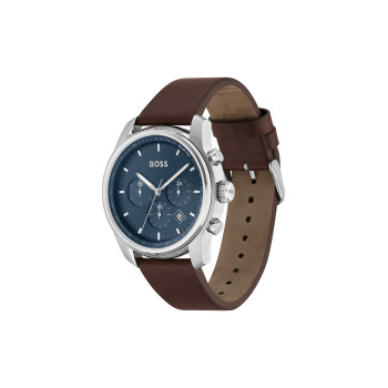 Montre à quartz en cuir - Tachymètre et chronographe - Marron et bleu - 02 - 34131424