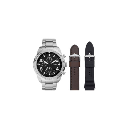 Coffret montre à quartz en acier et bracelets en cuir - Chronographe - Marron et noir - 02 - 34466236