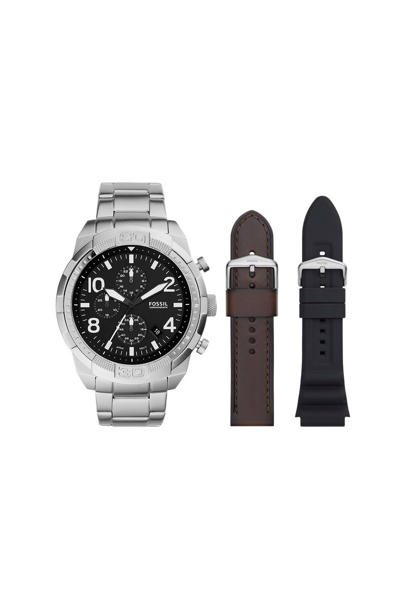 Coffret montre à quartz en acier et bracelets en cuir - Chronographe - Marron et noir - 02 - 34466236