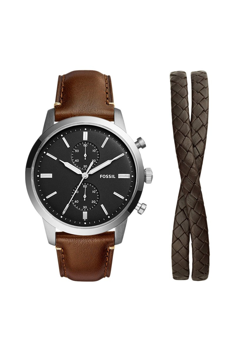 Coffret montre à quartz et bracelet en cuir - Chronographe - Marron et noir - 02 - 34486623