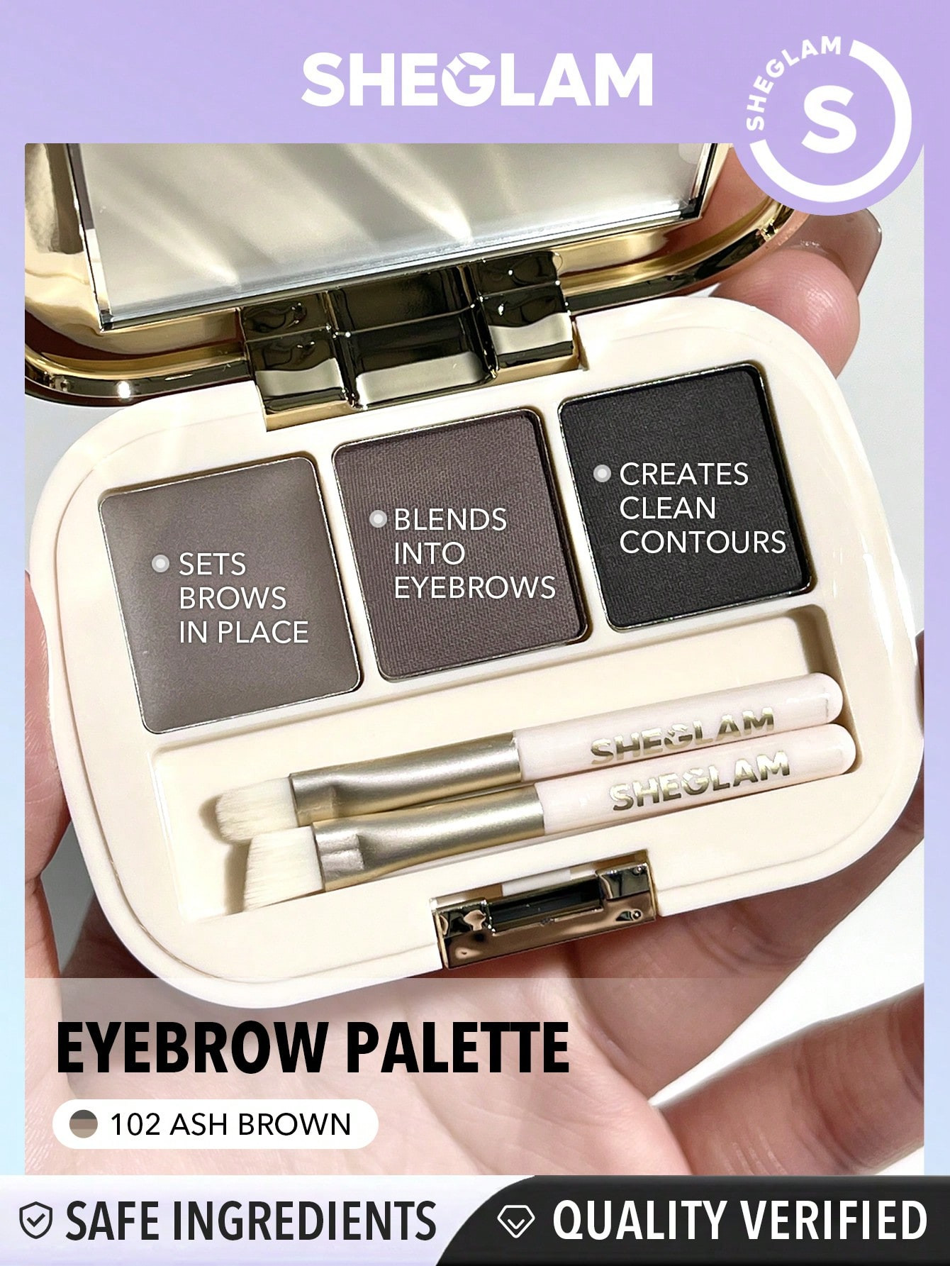 SHEGLAM Palette À Sourcils Pleins-102 Ash Browm 3-color Matte Poudre À Sourcils, Cire À Sourcils Pour Remplir, Définir Et Dessiner Avec Un Petit Pinceau - 1047548