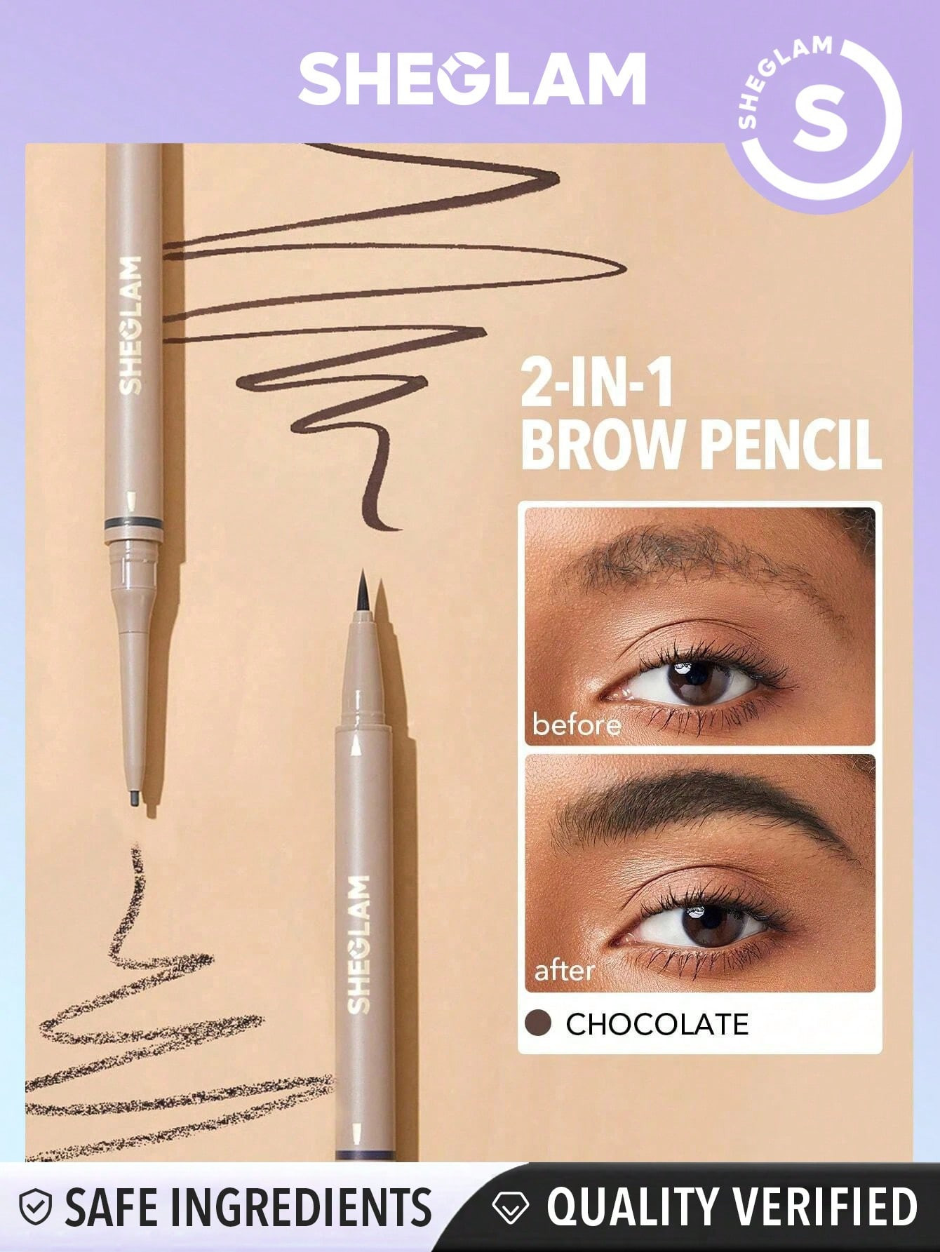 SHEGLAM Crayon À Sourcils 2-en-1 Brows On Demand - Chocolat, Stylo À Sourcils Liquide Étanche Anti-transpiration Et Anti-huile Naturel Remplit Et Dessine Les Sourcils À L'aide De Gel De Crème À Sourcils - 2395297