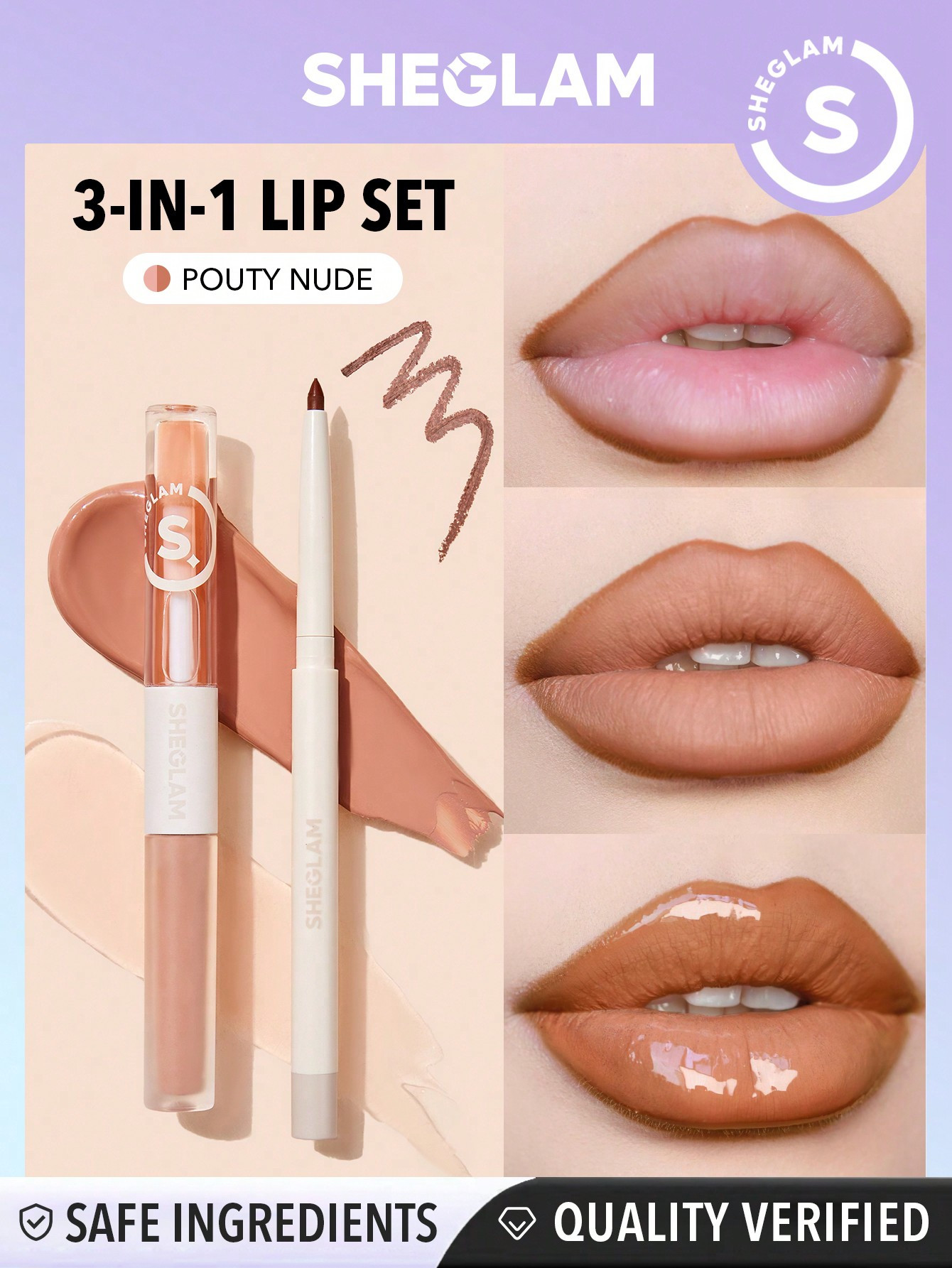 SHEGLAM Crayon à les lèvres Soft 90' Glam et set de duo pour les lèvres nude effet lèvres mordues (Pouty Nude Lip Set) - 10809099