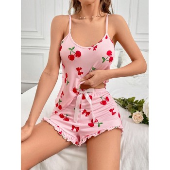 Ensemble Pyjama Haut Caraco Et Short Imprimé Cerise Pour Femme - 26854608