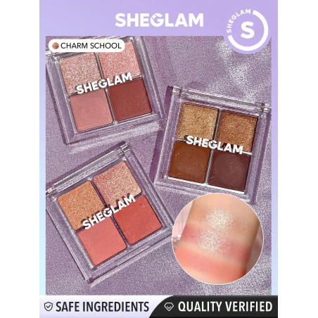 SHEGLAM Quad D'ombres À Paupières Cristallines Cosmiques- Charm School, Palette De 4 Couleurs D'ombres Mates Et Pailletés À L'or Rose, Pêche Chaude, Brun Durable, Longue Tenue, Ultra Pigmenté, Lisse Et Facile À Mixer - 2960637