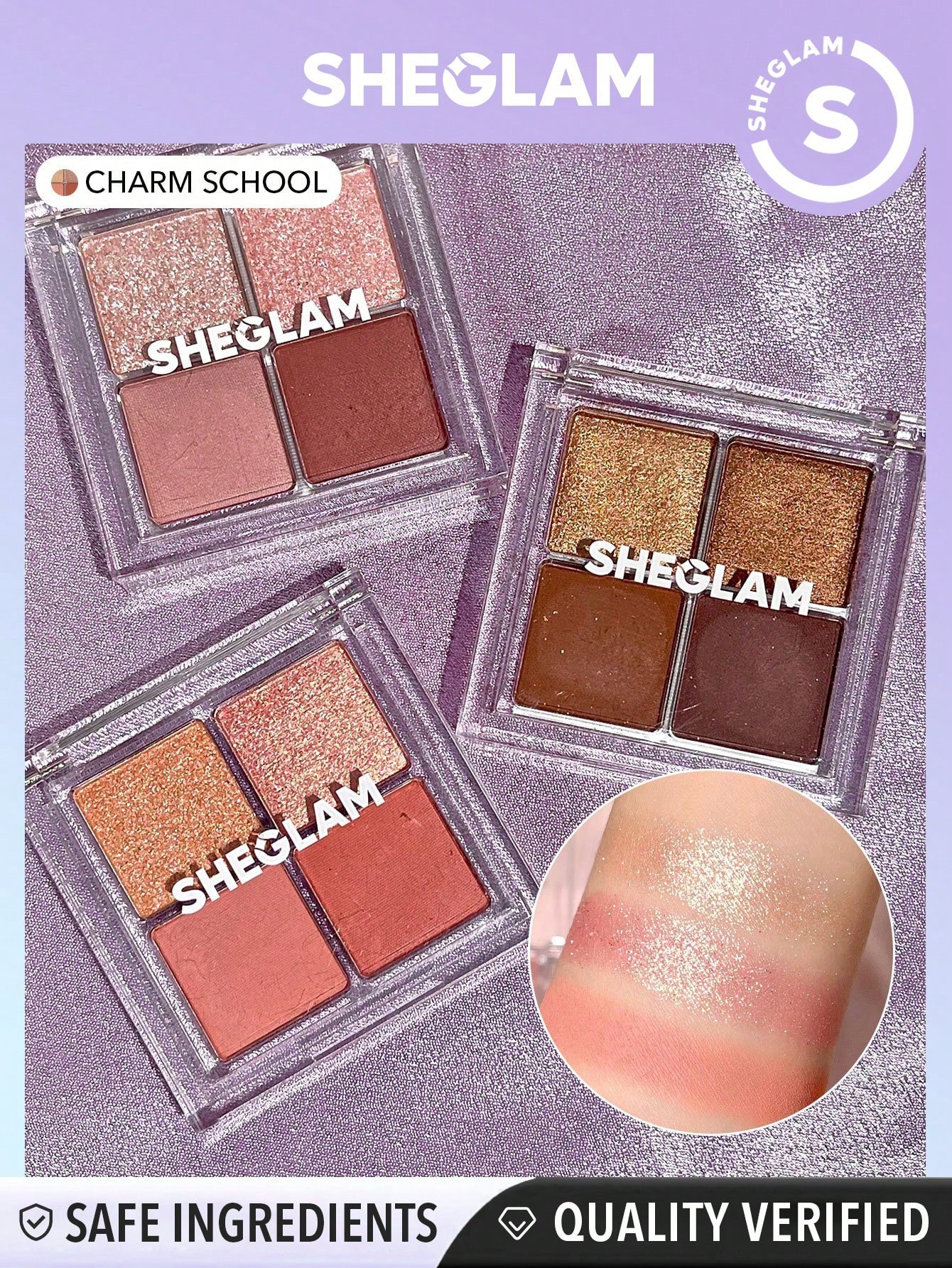 SHEGLAM Quad D'ombres À Paupières Cristallines Cosmiques- Charm School, Palette De 4 Couleurs D'ombres Mates Et Pailletés À L'or Rose, Pêche Chaude, Brun Durable, Longue Tenue, Ultra Pigmenté, Lisse Et Facile À Mixer - 2960637