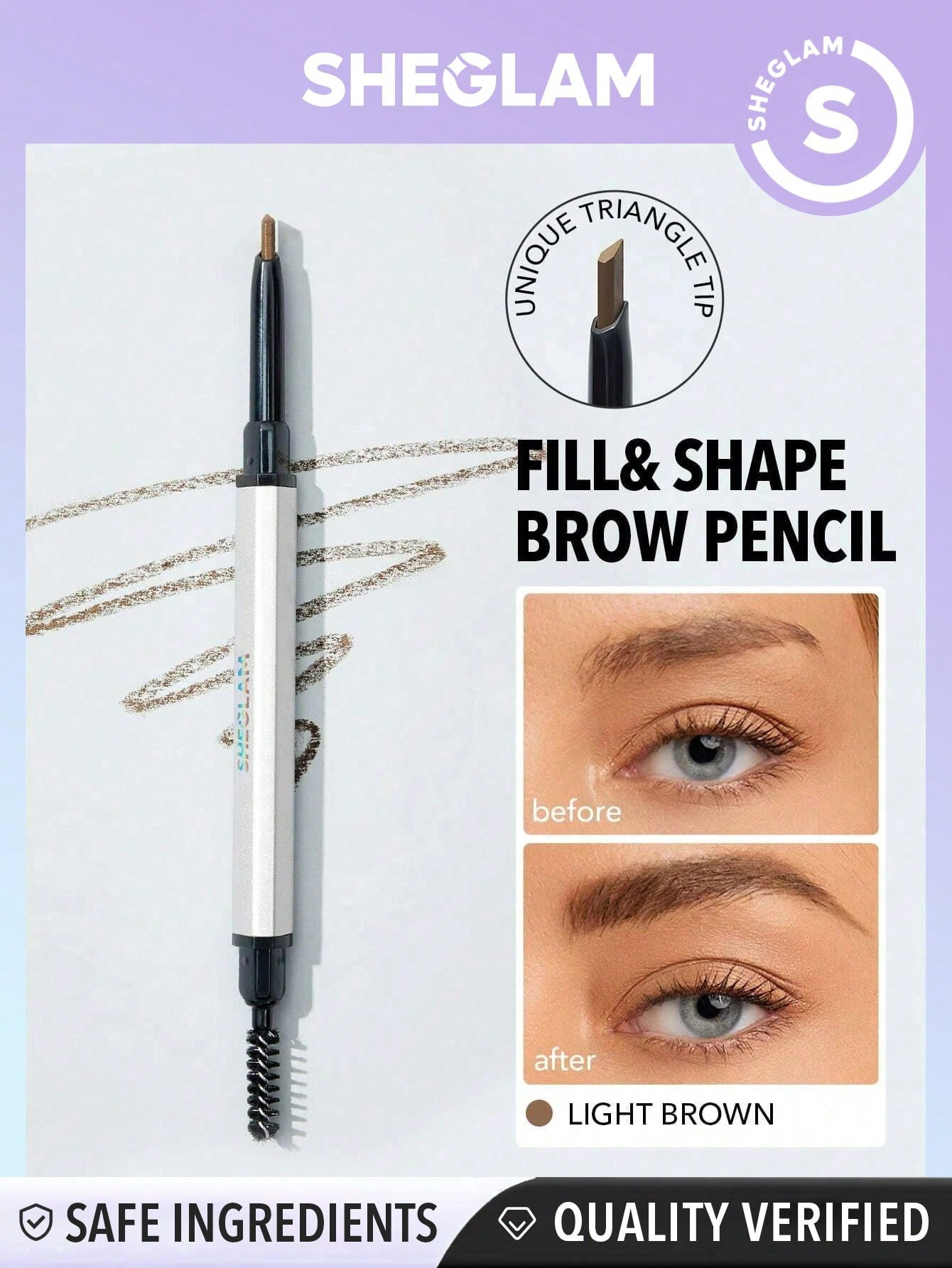 SHEGLAM Crayon À Sourcils Fin À Double Extrémité - Marron Clair, Imperméable Et À Double Tête, Longue Durée, Anti-bavure, Remplissage, Contour Et Maquillage Des Sourcils À Tête Triangulaire - 843073