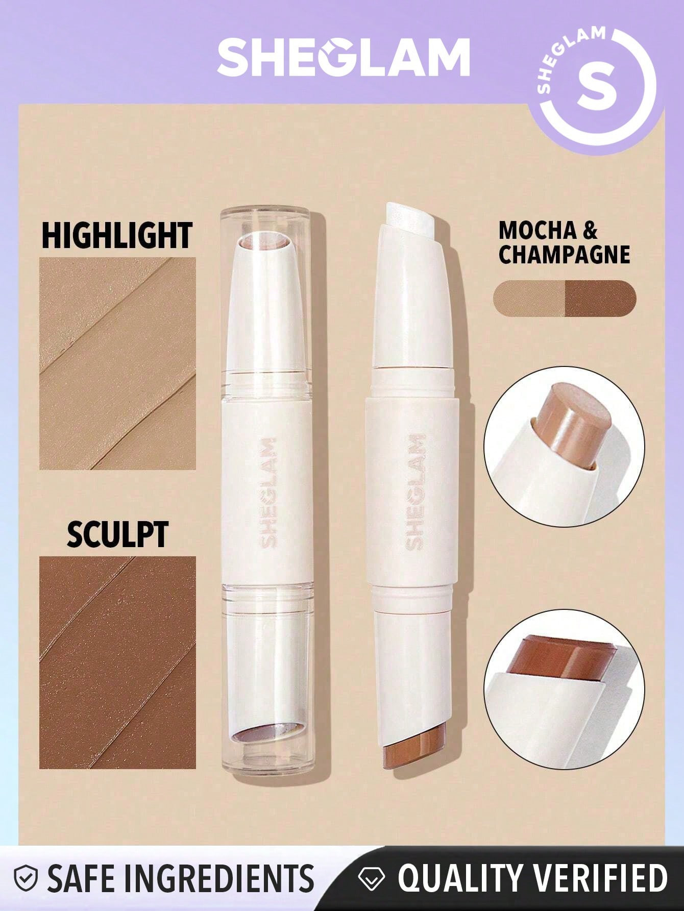 SHEGLAM Stick Sculpt And Color - Mocha &amp- Champagne 2 En 1 Contour À Double Tête Très Pigmenté Non-fading Highlighter Double Usage Pour Le Contouring Brightening Pro - 803821