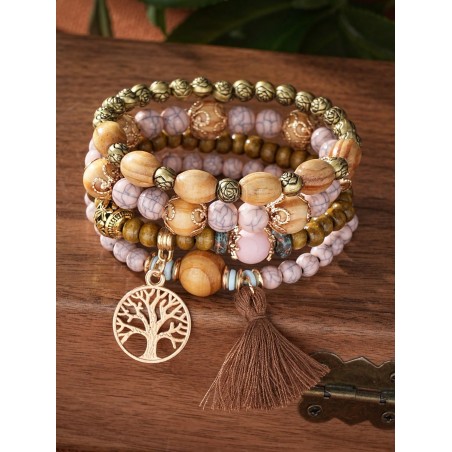 4 Pièces/ensemble Pendentif Pompon Et Arbre De Vie De Style Bohème, Bracelets Multicouches En Bois Et Perles - 30870796