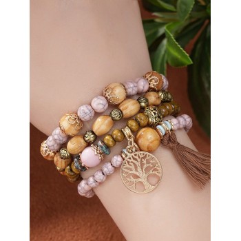 4 Pièces/ensemble Pendentif Pompon Et Arbre De Vie De Style Bohème, Bracelets Multicouches En Bois Et Perles - 30870796