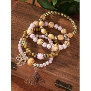 4 Pièces/ensemble Pendentif Pompon Et Arbre De Vie De Style Bohème, Bracelets Multicouches En Bois Et Perles - 30870796