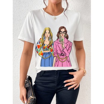 SHEIN Essnce T-shirt pour femmes imprimé avec une figure personnalisée, de style minimaliste et élégant, pour l'été - 16879024