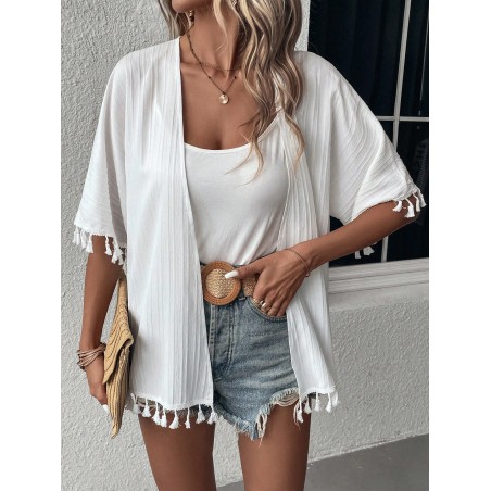 SHEIN Swim Kimono à franges manches chauve-souris ouvert - 15115154