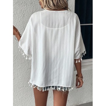 SHEIN Swim Kimono à franges manches chauve-souris ouvert - 15115154