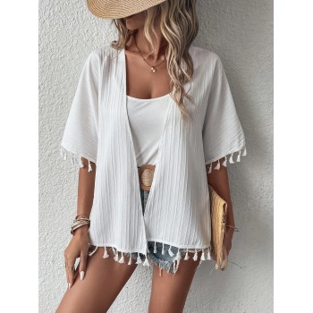 SHEIN Swim Kimono à franges manches chauve-souris ouvert - 15115154