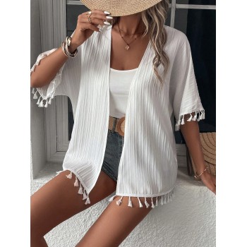 SHEIN Swim Kimono à franges manches chauve-souris ouvert - 15115154