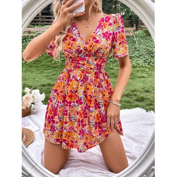 SHEIN VCAY Robe à imprimé floral à ruchés - 15434627