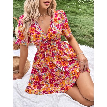 SHEIN VCAY Robe à imprimé floral à ruchés - 15434627