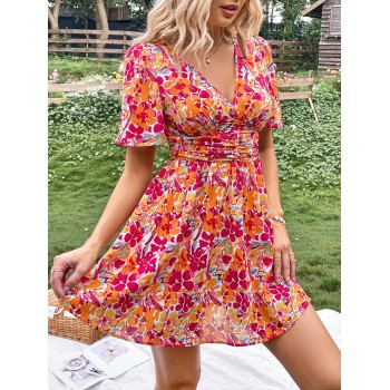 SHEIN VCAY Robe à imprimé floral à ruchés - 15434627