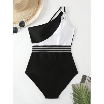 SHEIN Swim Maillot De Bain Asymétrique Une Pièce À Blocs De Couleurs - 25209511