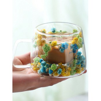 Tasse en verre double couche avec décoration de vraie fleur, élégante tasse en verre cadeau, tasse en verre borosilicaté simple et tendance pour e-commerce transfrontalier - 34723425