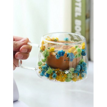 Tasse en verre double couche avec décoration de vraie fleur, élégante tasse en verre cadeau, tasse en verre borosilicaté simple et tendance pour e-commerce transfrontalier - 34723425