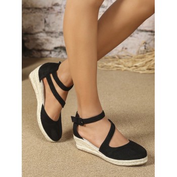 Sandales compensées pour femmes à talons plateformes, espadrilles à bout rond noires, élégantes sandales de vacances d'été Mary Jane avec bride à boucle - 34954606