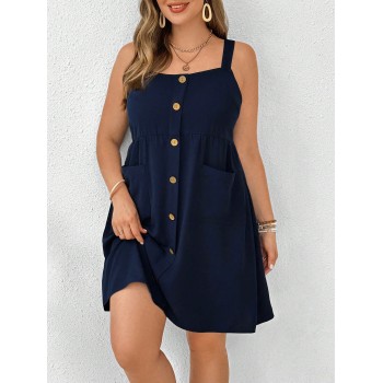 SHEIN LUNE Robe Salopette pour femmes de grande taille avec poche à boutons en bois décorés - 32344809