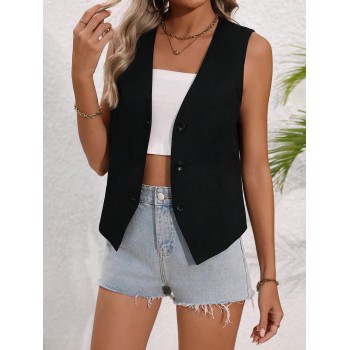 SHEIN Essnce Gilet De Costume Uni À Boutonnage Simple Pour Femmes - 30053978