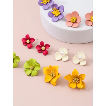 6 Paires De Boucles D'oreilles À Tige En Forme De Fleur Avec Fausses Perles - 11149780