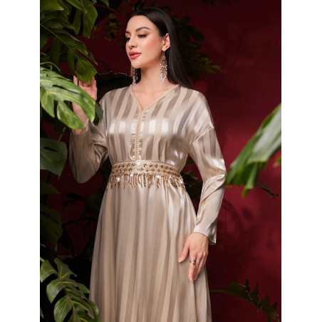 SHEIN Najma Robe À Franges En Patchwork À Rayures Et Paillettes Pour Femmes - 28588990