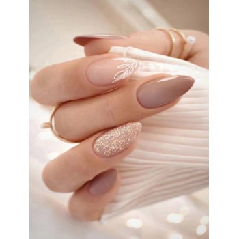 24 pièces Ongles faux en forme d'amande à peinture pailletée élégante et simple avec feuilles colorées, conviennent aux étudiants, travailleurs de bureau, fournitures d'ongles pour un port quotidien - 30693535