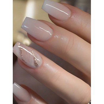 Mettez-vous en valeur! 24 pièces Ongle faux en forme de cercueil long avec design de rayures dégradé simples et paillettes couleur champagne, ongles à pression, parfait pour les soirées et les fournitures d'ongles pour un usage quotidien - 28227495