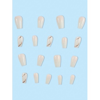 Mettez-vous en valeur! 24 pièces Ongle faux en forme de cercueil long avec design de rayures dégradé simples et paillettes couleur champagne, ongles à pression, parfait pour les soirées et les fournitures d'ongles pour un usage quotidien - 28227495