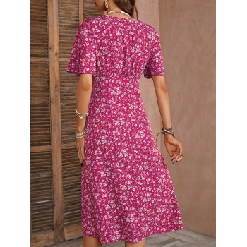 SHEIN VCAY Robe à boutons avant de style vacances avec petite fleur discrète à manches courtes - 34451013