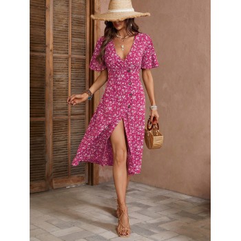 SHEIN VCAY Robe à boutons avant de style vacances avec petite fleur discrète à manches courtes - 34451013