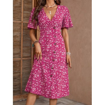 SHEIN VCAY Robe à boutons avant de style vacances avec petite fleur discrète à manches courtes - 34451013