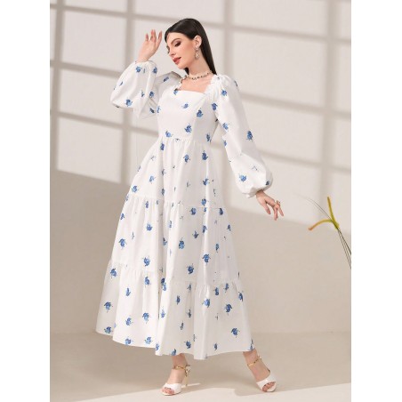 SHEIN Modely Robe Imprimé Floral À Col Carré Manches Bouffantes À Volants - 14404260