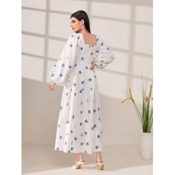 SHEIN Modely Robe Imprimé Floral À Col Carré Manches Bouffantes À Volants - 14404260