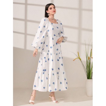 SHEIN Modely Robe Imprimé Floral À Col Carré Manches Bouffantes À Volants - 14404260