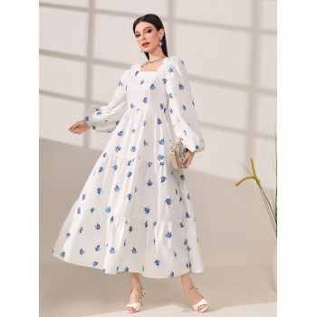 SHEIN Modely Robe Imprimé Floral À Col Carré Manches Bouffantes À Volants - 14404260