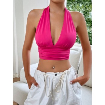 SHEIN EZwear Top Court Dos Nu Halter Solide Y2k - 15231645